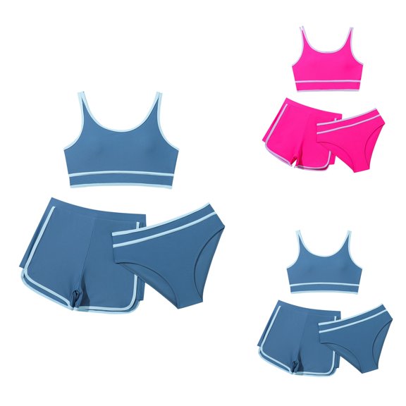 Girls 3-Piece Bikini Swimsuit with Shorts, Printed Sport Bathing Suit Set for Kids and