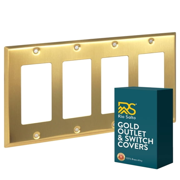 Rio Salto BRASS Signature Collection Metal Gold Quad Decorator Receptacle Metal Wall Plate Cover Light Switch Quad Rocker Decorator Wallplate Covers 4 Gang Brushed Brass 4-Gang Standard Size