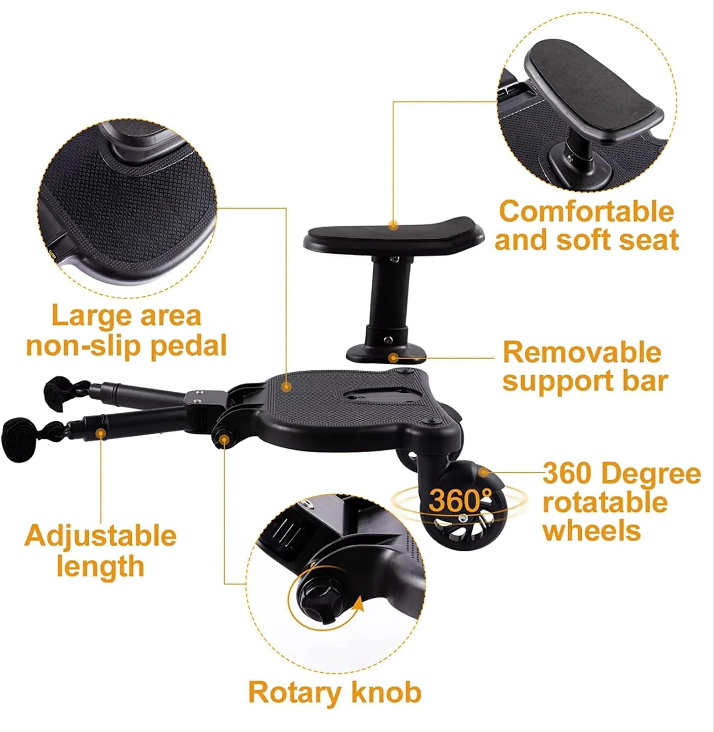 Toddlers Stroller Board Attachment Baby seat with Detachable - 2 in1 Sit and Stand up Buggies and Prams Toddler to Ride - Black