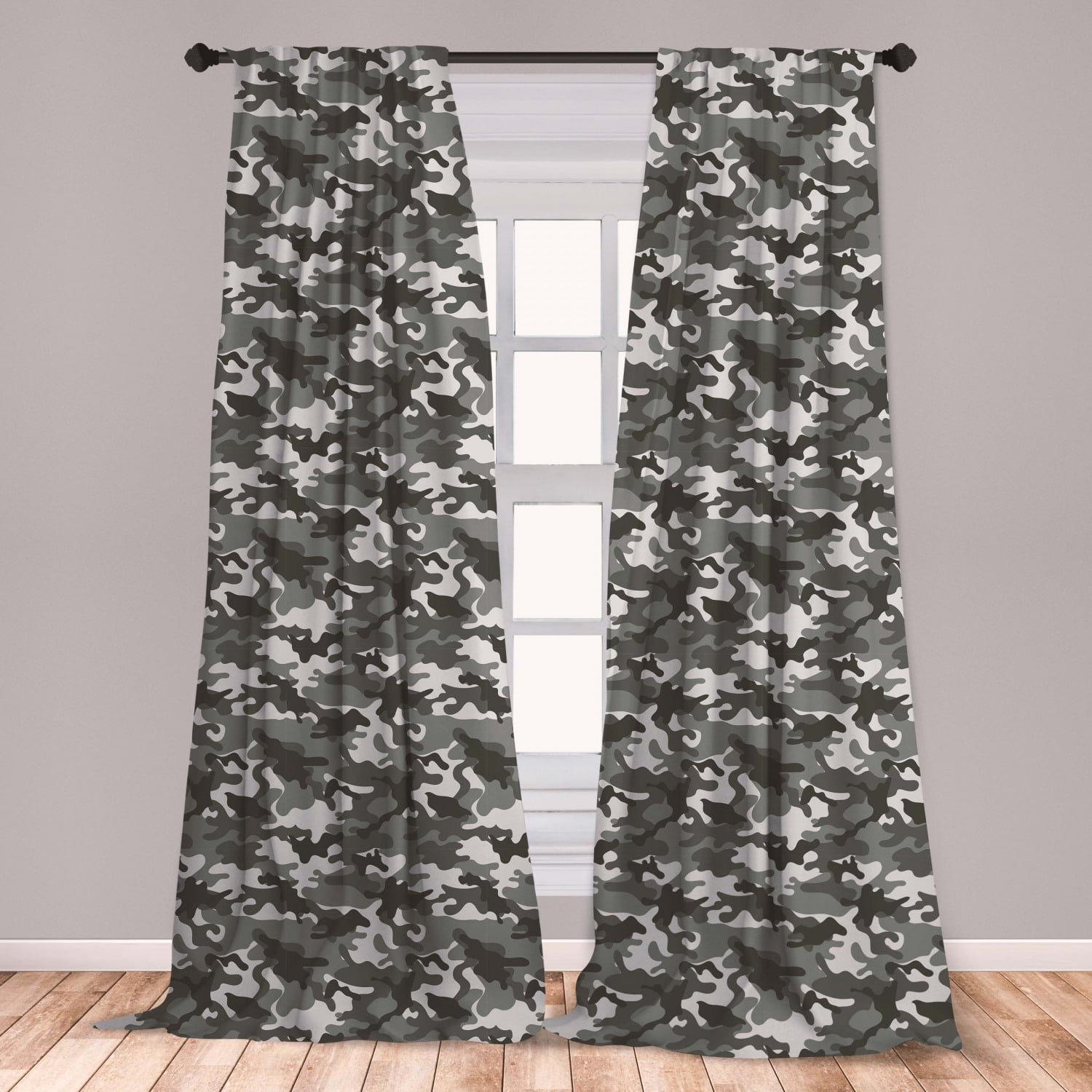 Camouflage Curtains 2 Panels Set, Monochrome Attire Pattern Camouflage