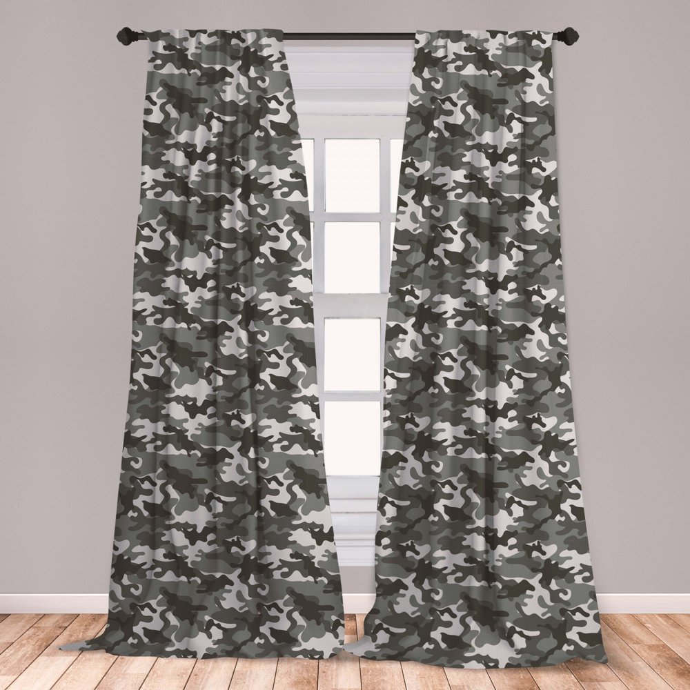 Camouflage Curtains 2 Panels Set, Monochrome Attire Pattern Camouflage