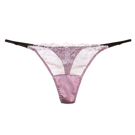 

SilRiver Womens Silk Satin Panties Thongs Lace String T Back Thong Shiny Tanga Underpants Light Purple