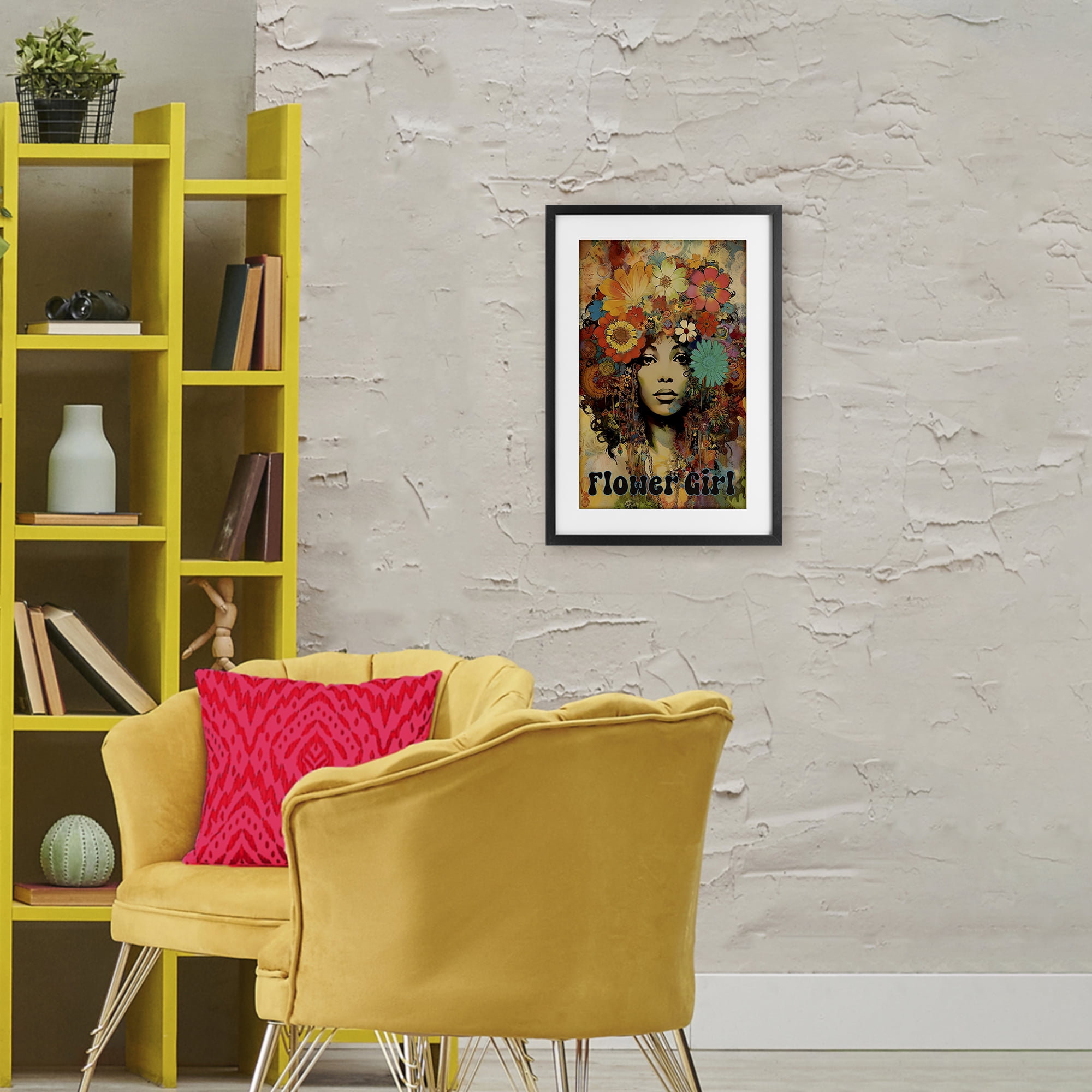 Bohemian Flower Girl Black Framed Print Under Glass, design by Sasha