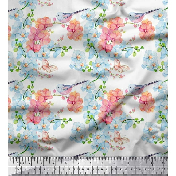 Soimoi White Rayon Fabric Bird,Leaves & Flower Floral Printed Fabric 1 Yard 42 Inch Wide