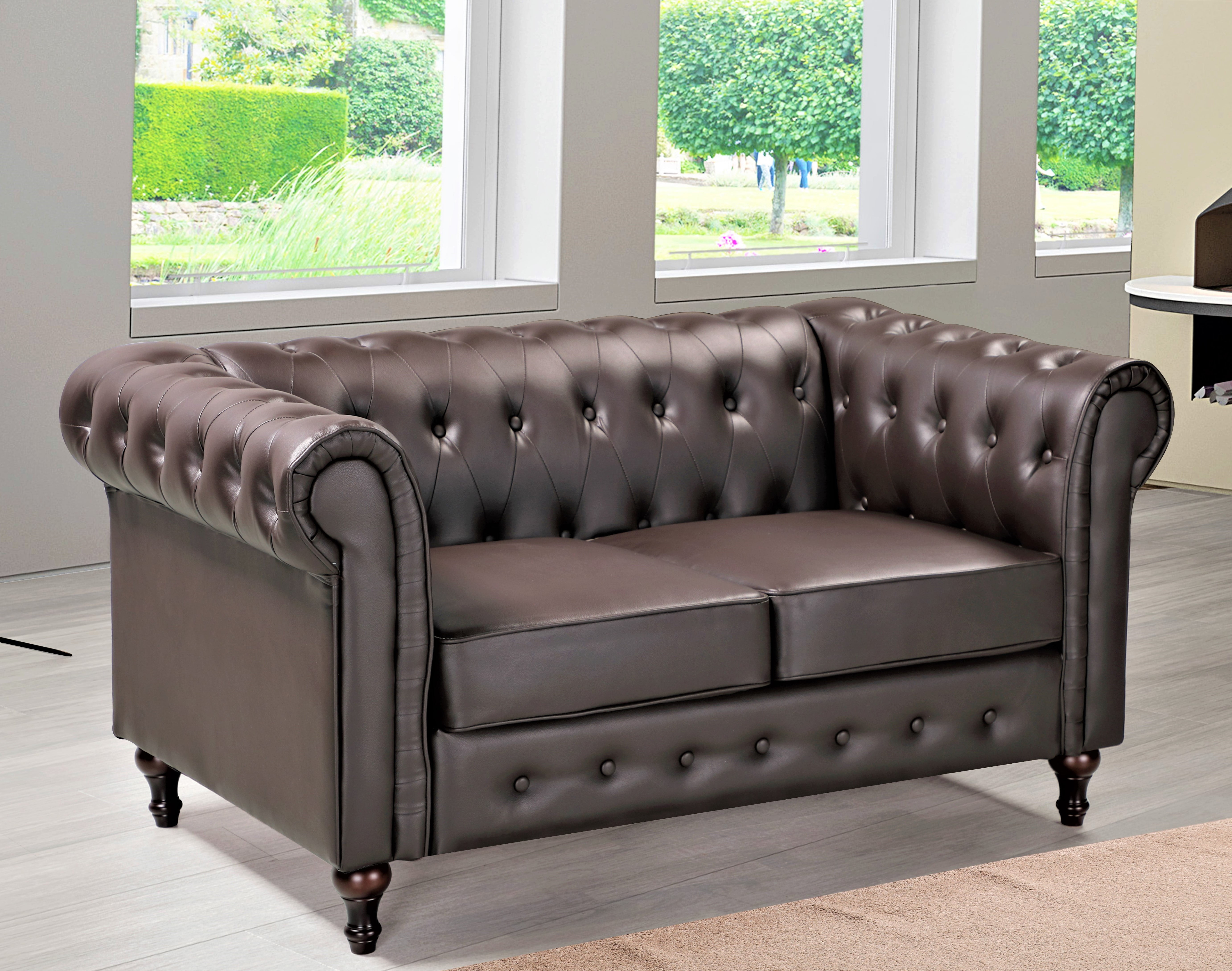 Uspridefurniture Oriskany Chesterfield Faux Leather Loveseat -Brown, Solid Wood Leg