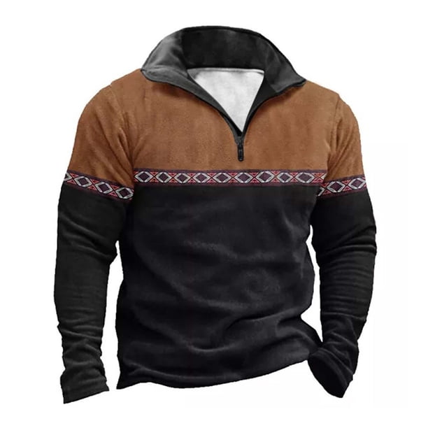 Blusa y camisa de manga larga con cuello vuelto para hombre, sudadera estilo western con estampado vintage y cremallera de un cuarto, jersey de manga larga con media cremallera y bolsillos, camisa de