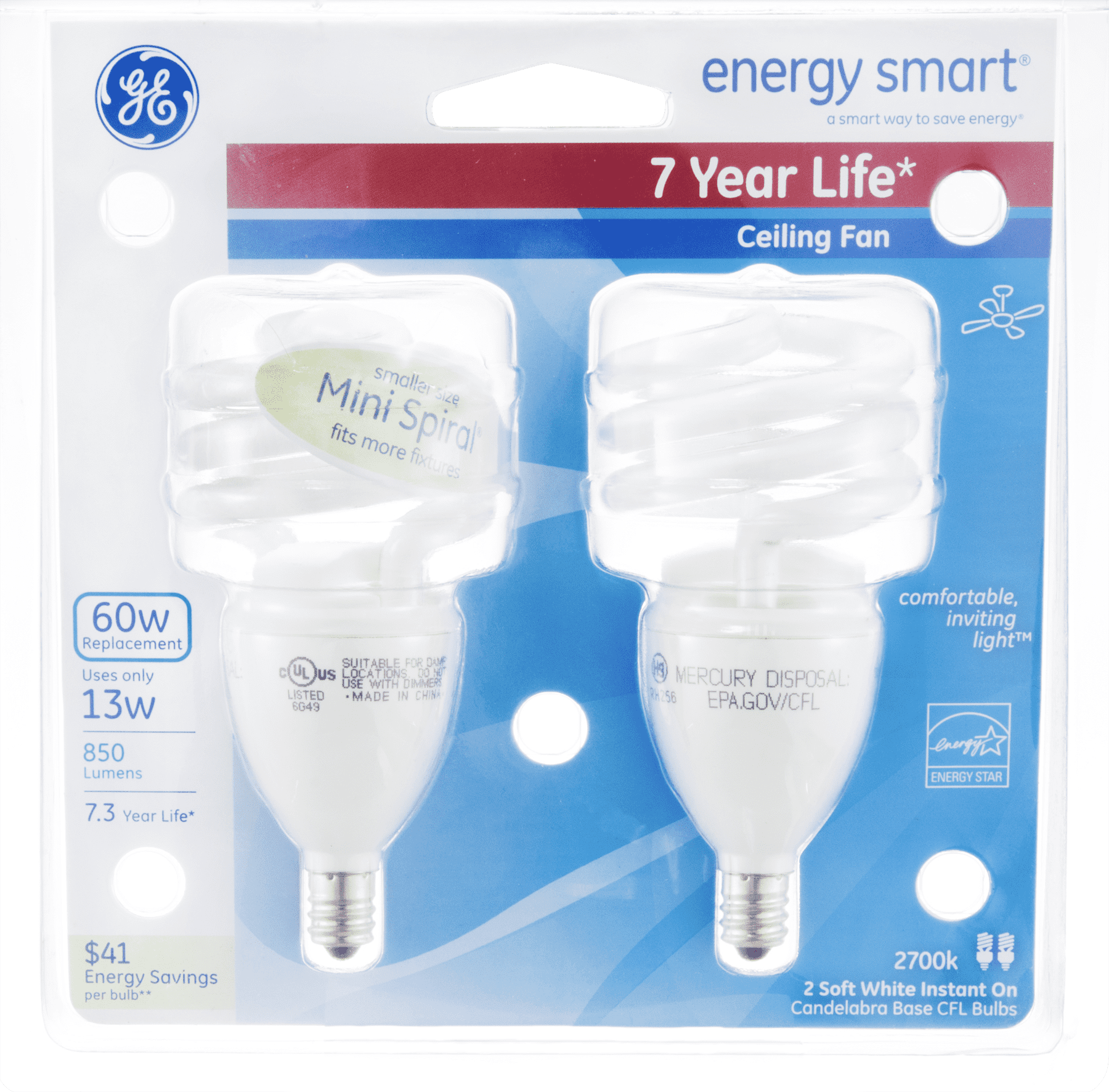 Ge Energy Smart Spiral Cfl 13 Watt T2 Spiral 2 Pack Walmart Com