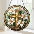 thumbnail image 3 of Christian Cross and White Lily Stained Glass Suncatcher – Round Religious Window Hanging, Handmade Faith Ornament for Home, 3 of 4