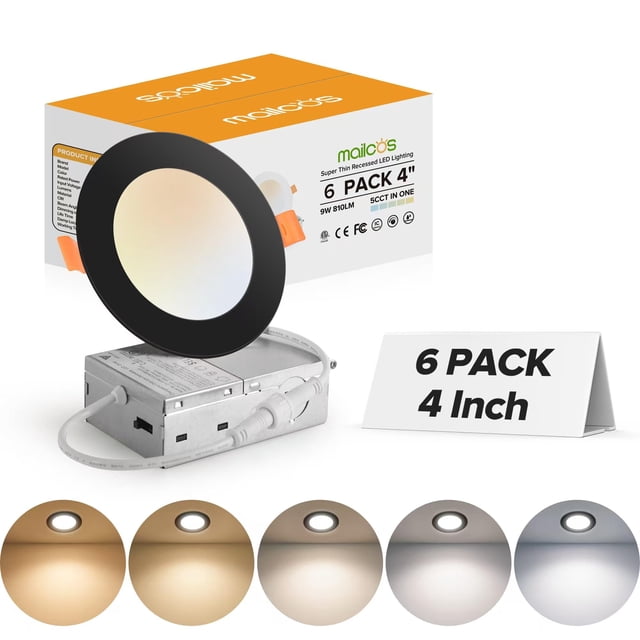 MAILCOS 4 Inch 5CCT Black Ultra-Thin LED Recessed Ceiling Light with Junction Box, 2700K-5000K Selectable, 1050LM High Brightness, 0%-100% D
