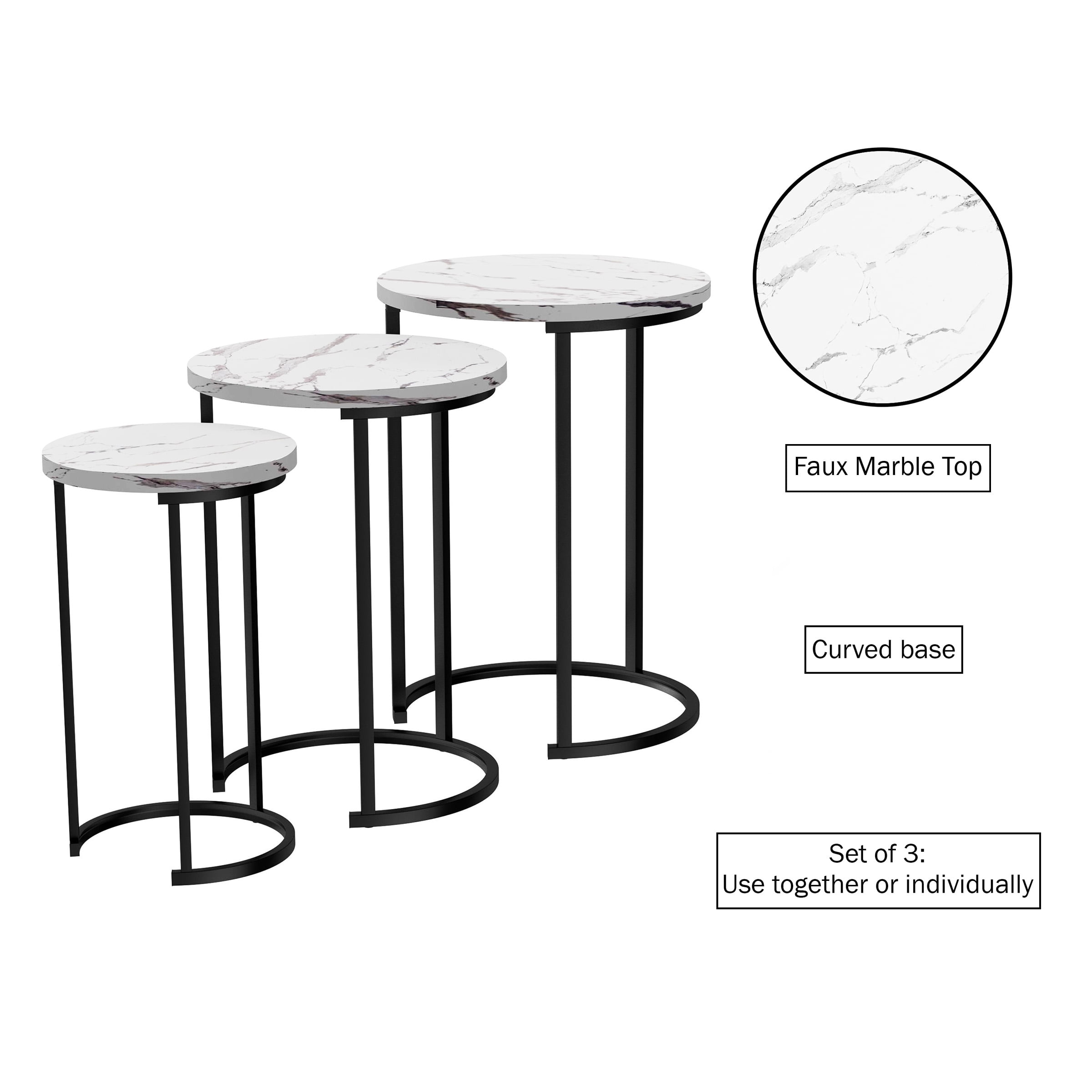 Lavish Home Nesting Tables - Set of 3 Round Side Tables for Living Room, Bedroom, or Home Office, Faux Marble End Table Set, Modern Living Room Furniture, White