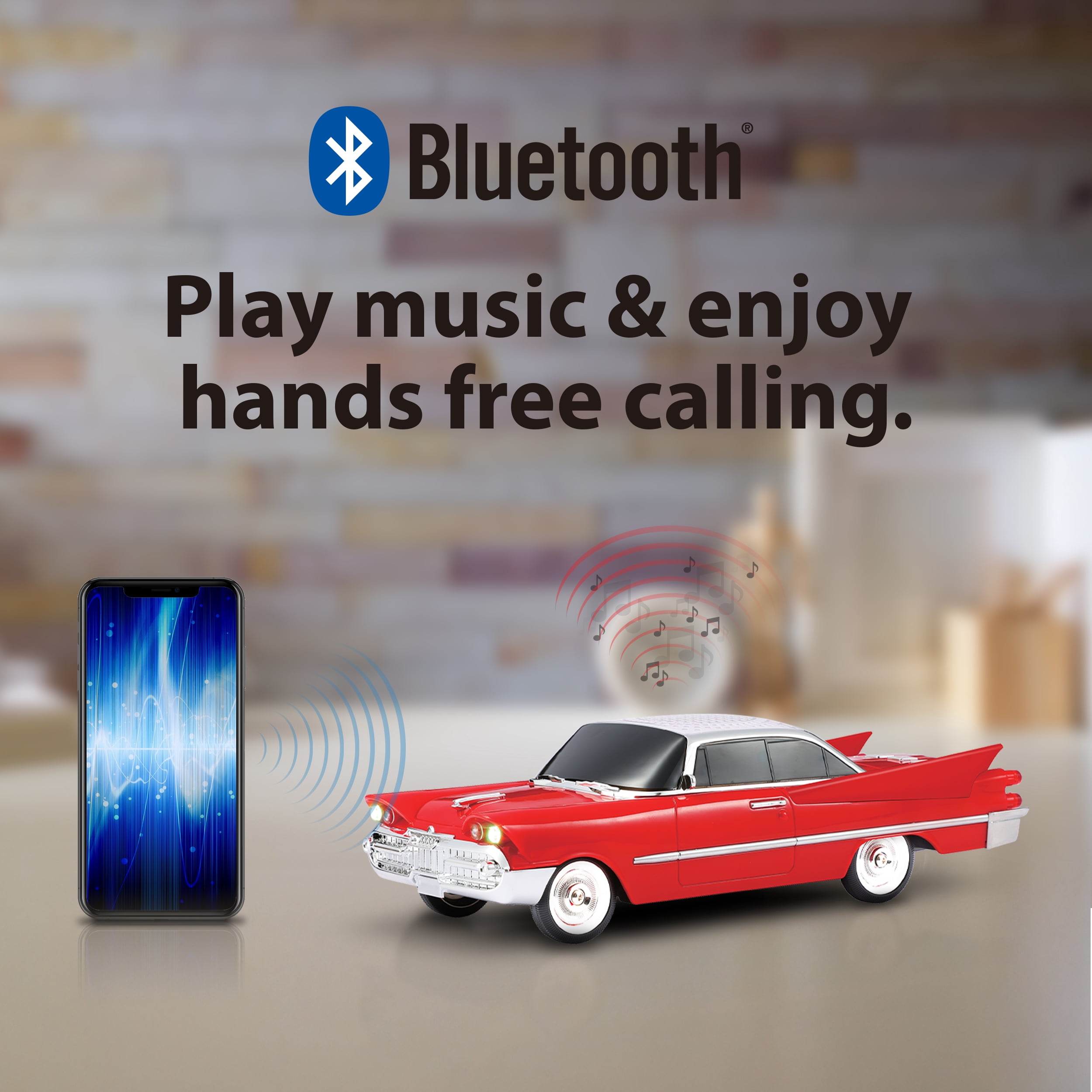 QFX Bluetooth 1959 Retro Classic Car Speaker, Dual 2-inch Speakers, Hands-Free Link, Built-in Microphone, FM Radio, and LED Party Lights, Red - BT-1959-RED