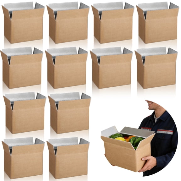 12 Pcs Insulated Shipping Boxes, 10.2x5.9x7.1" Kraft Paper Cooler Boxes with Aluminum Foil Liner, Reusable & Waterproof Packaging Containers for Produce, Meat, Seafood, Flowers