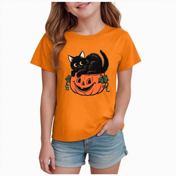 felwors 100% Cotton Toddler Black Cat on Pumpkin Shirt Baby Boy Girl Halloween Cat Tees Vintage Pumpkin Face Tops Kids (Orange,7-8 Years)