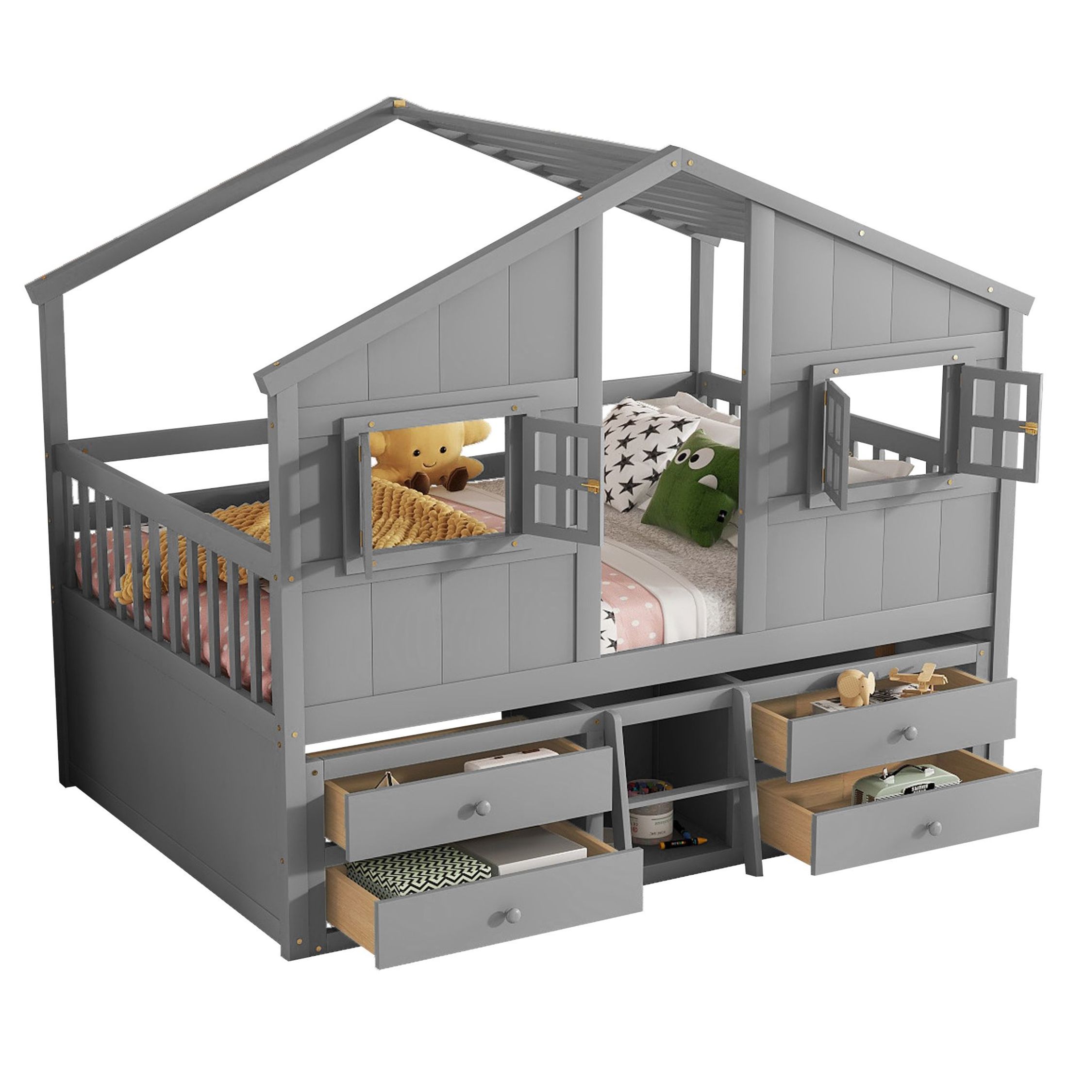 Noble House Full Size House Loft Bed, Pine Wood Frame with Roof, Windows, Ladder, and Storage Drawers, Grey
