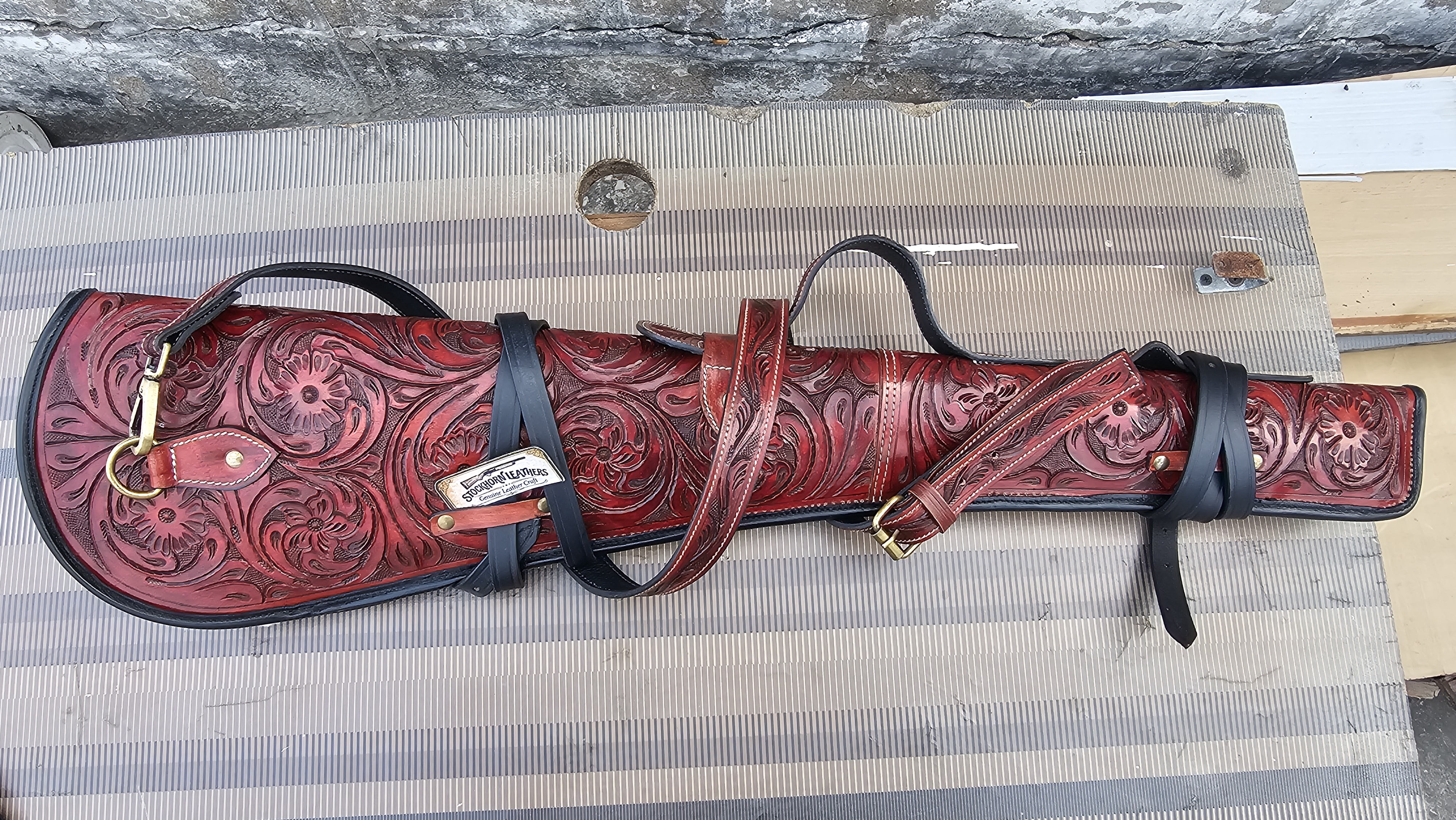 Rifle Scabbard Case 33.5" Western Floral Tooled Red Leather Ambidextrous Shoulder Holster for Rifle 1-Count