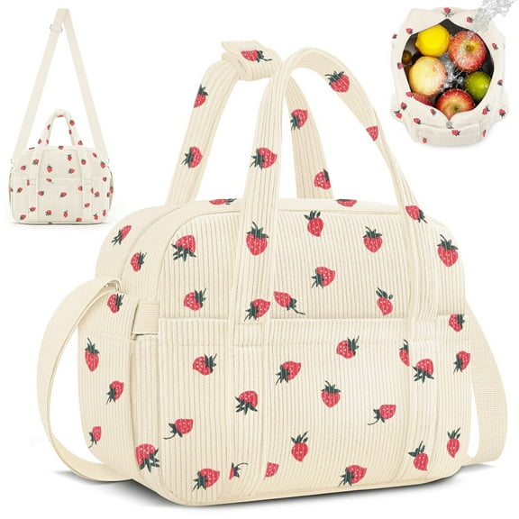 Reusable Lunch Tote Bag for Women, Insulated Leakproof Lunch Box, Soft Strawberry Corduroy Cooler Bag Containers with Shoulder Strap (Off White)