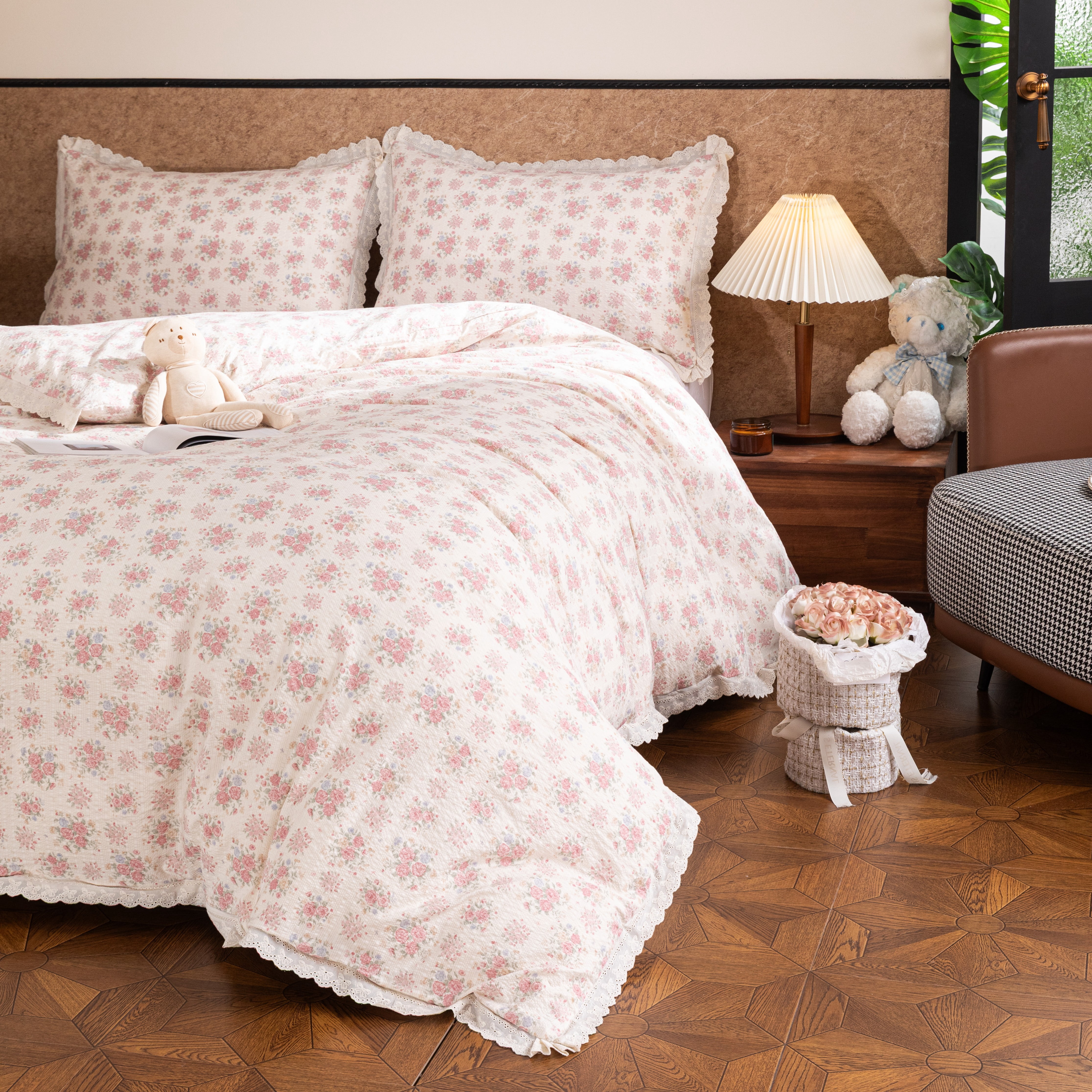 Floral Duvet Cover Twin Pink Flower Bowknot Lace Ruffle Duvet Cover Set Country Vintage Farmhouse Bedding Set for Girls Kids Textured Seersucker Reversible Comforter Cover 3 Pcs
