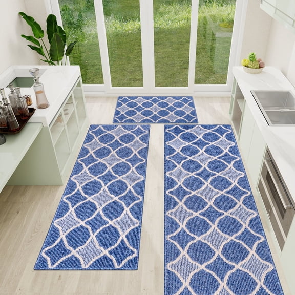 Kitchen Mats for Floor 3 Piece Set,Farmhouse Kitchen Runner Rugs Non Skid Washable,Soft Comfort Kitchen Mats for Floor Sets,Kitchen Area Rug Floor Mat for Bathroom Entryway Indoor Door(Blue)