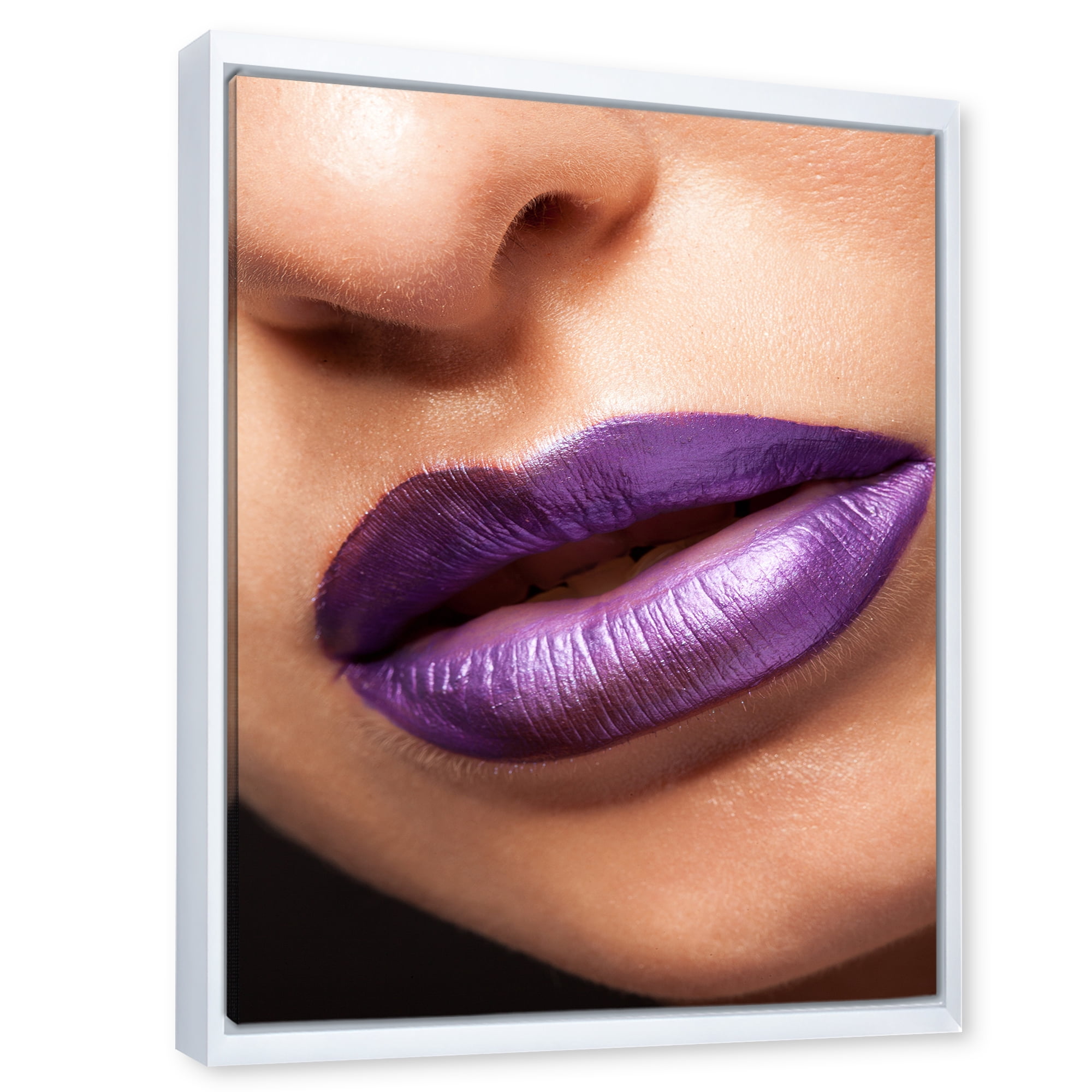 Designart 'Close Up View of Girl Lips With Purple Lipstick' Modern Framed Canvas Wall Art Print