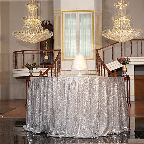 PartyDelight Silver Sequin Tablecloth Round 108" Table Linen for Wedding, Banquet, Party
