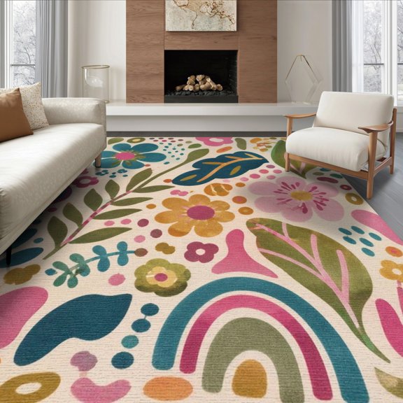 ODIKA 8'x10' Washable Area Rug Pastel Floral Whimsy Artistic Design Vibrant Botanical With Playful Modern Twist for Living Room, Under Sectional, Family , Durable, Non-Slip