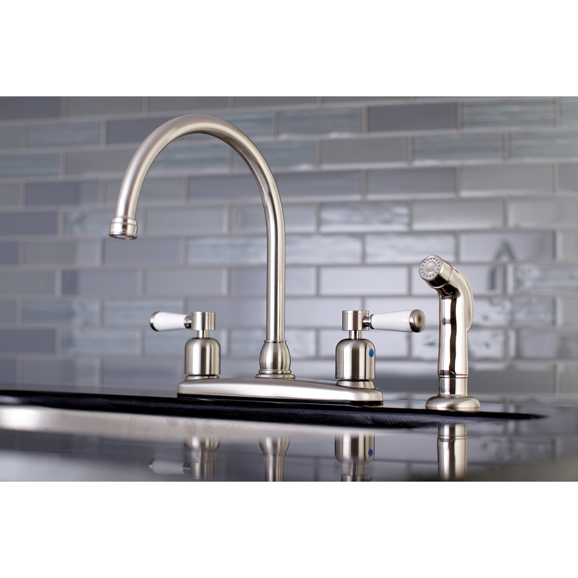 Kingston FB798DPLSP Paris Two-Handle 4-Hole 8" Centerset Kitchen Faucet with Side Sprayer in Brushed Nickel