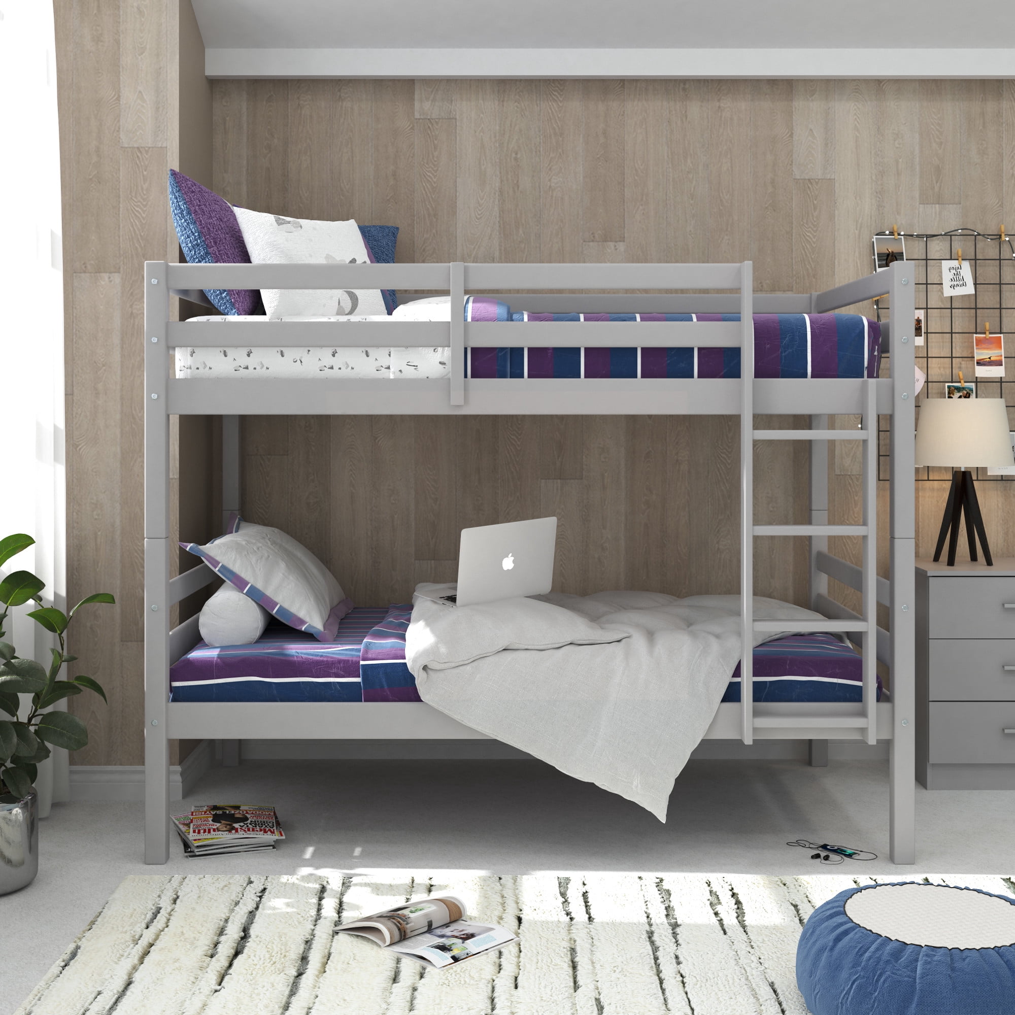 HH2Home Essentials Campbell Wood Twin over Twin Bunk Bed, Gray