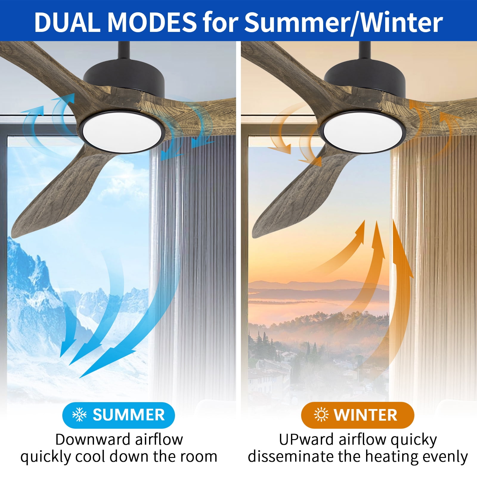 Wozzio 52 inch Ceiling Fan with Light and Remote,DC Motor,3CCT Dimmable LED Light,3 Amber Wood Blades,Indoor & Outdoor