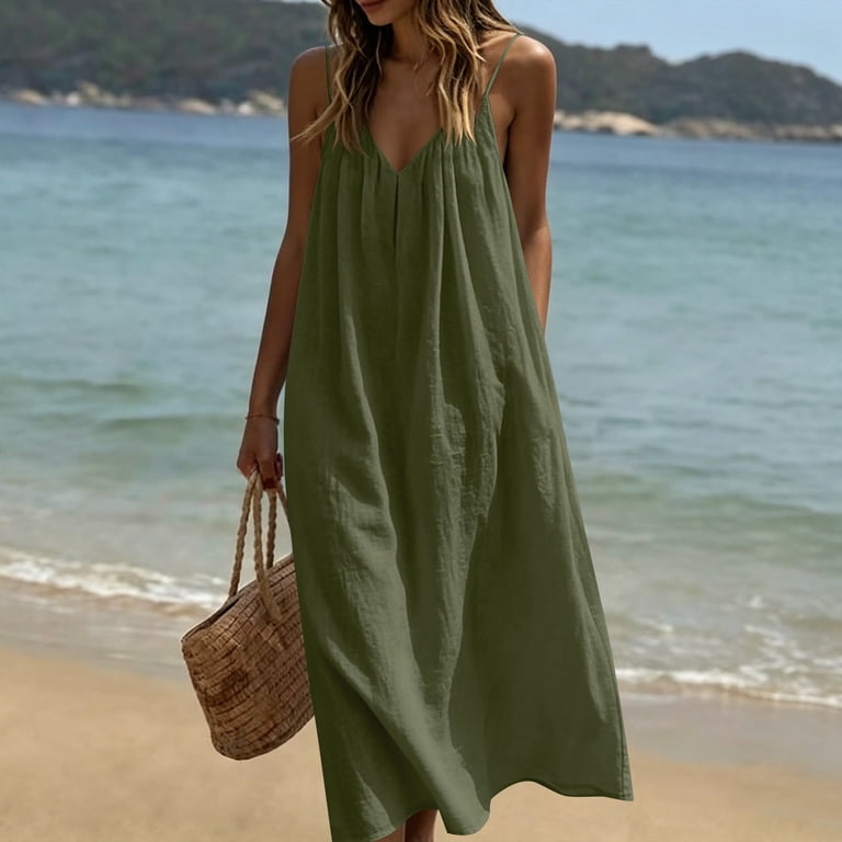 loose fitting slip dress ClodeEU Women's V Neck Spaghetti Strap Sleeveless Slip Dress ,Solid Color  Casual Loose Fit Midi Dress Green,Women's Plus L