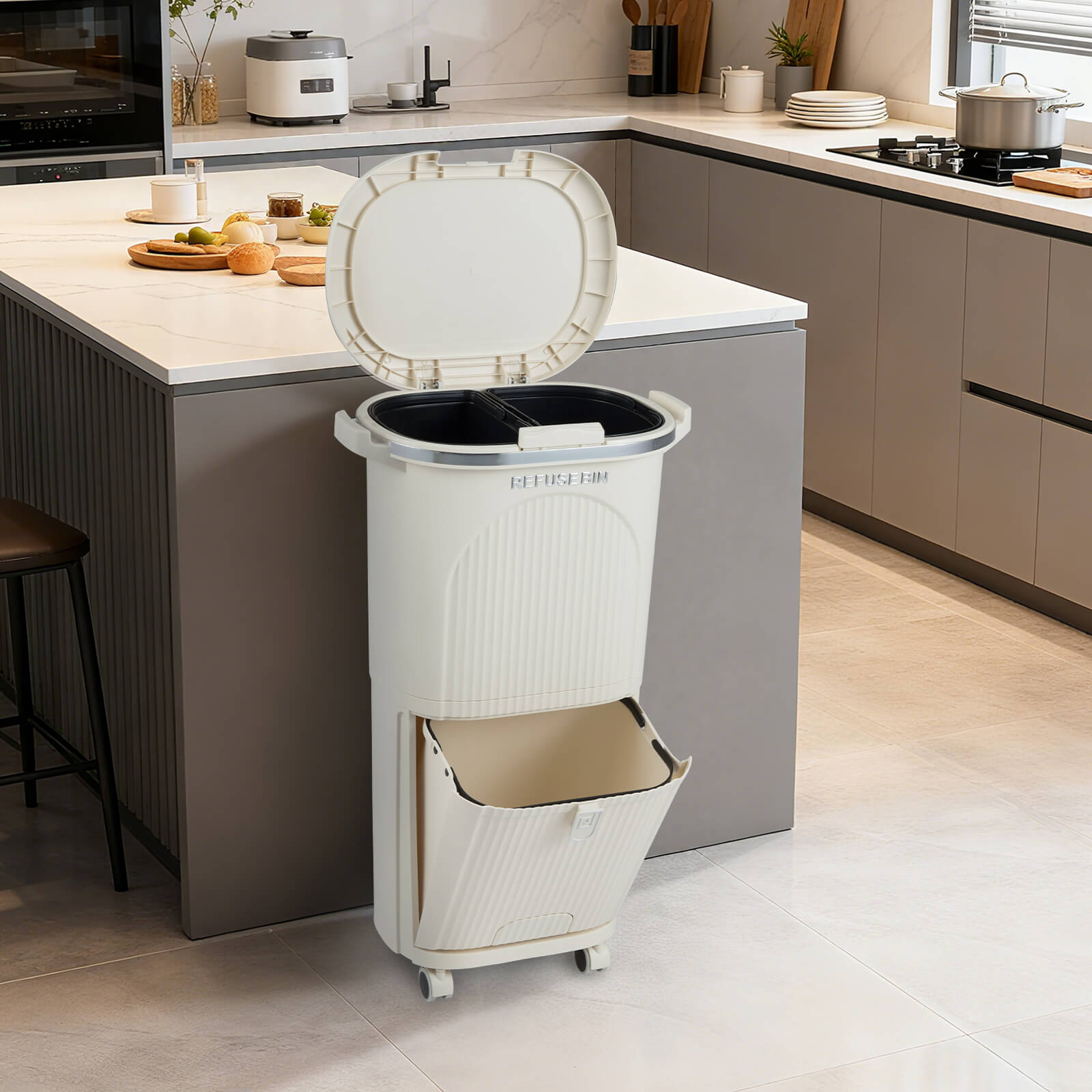 Costway 10 Gallon Kitchen Trash Can with Lid, 2 Removable Buckets, Step Pedal & Wheels