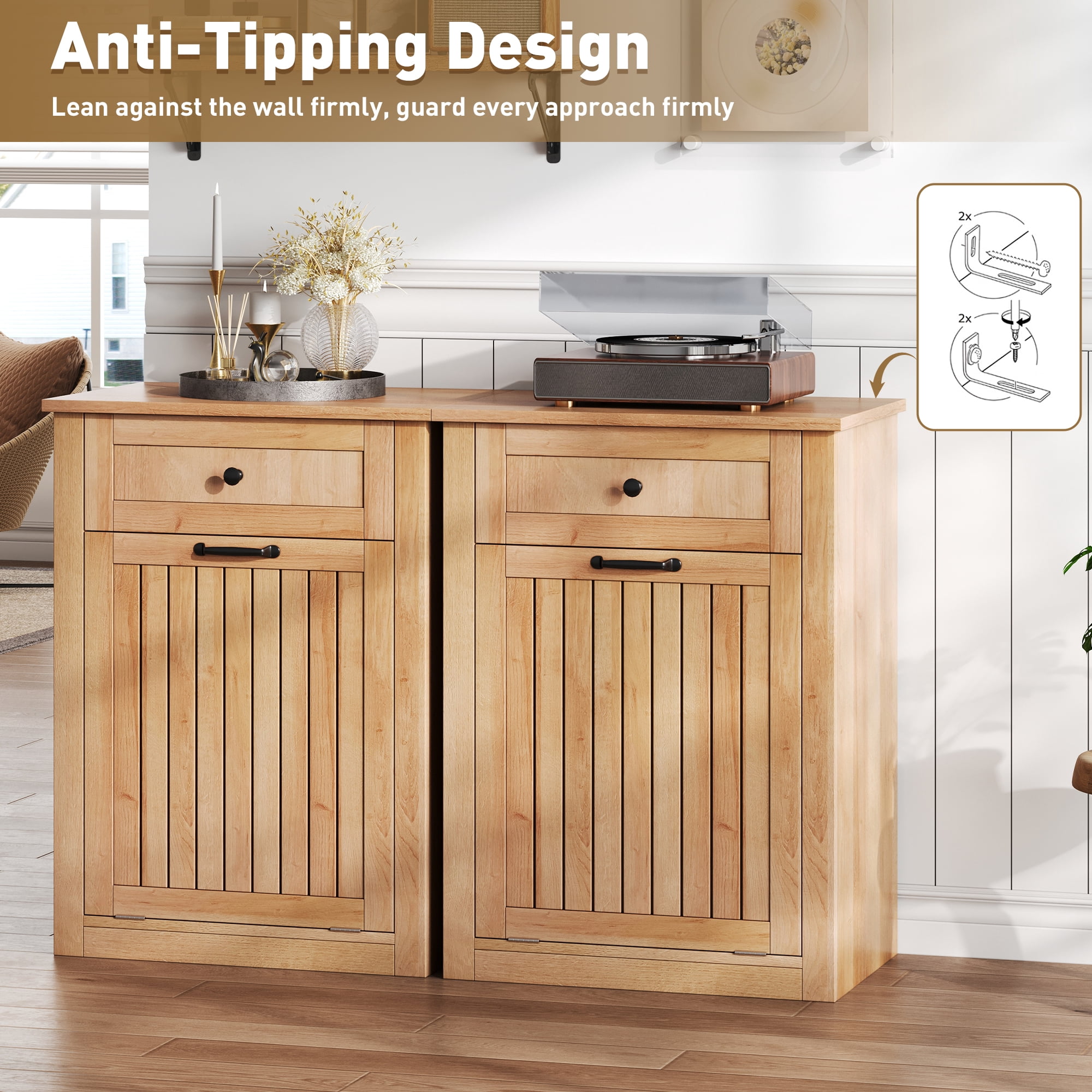 Tilt-Out Trash Can Cabinet, 10 Gallon Fluted Laundry Hamper Cabinet with Drawers, Wooden Hidden Garbage Can Cabinet w/Storage Basket, Free Standing for Kitchen & Living Room,Natural Oak