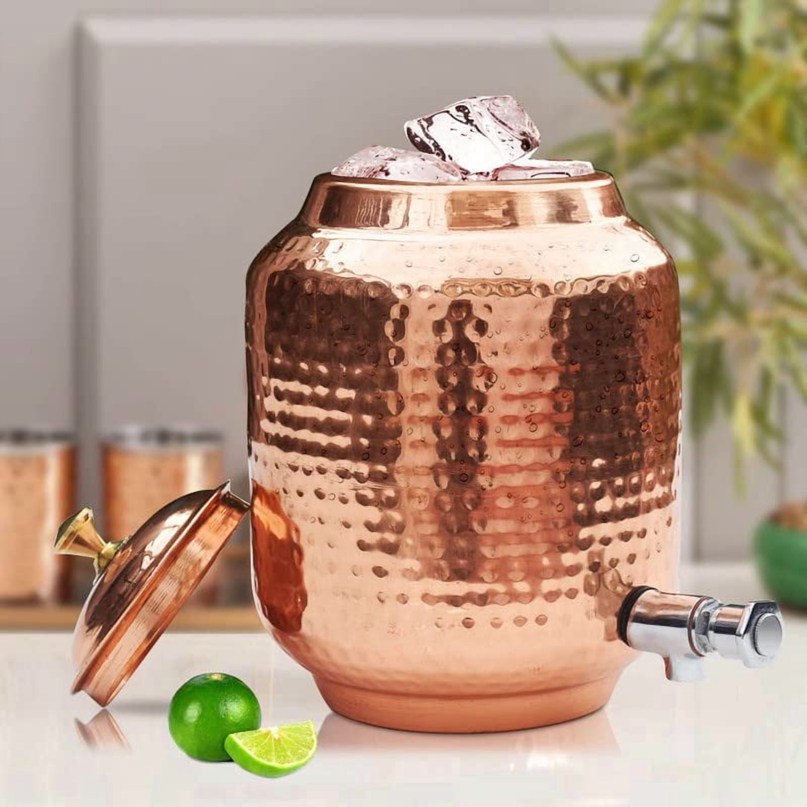 Handmade 100% Pure Copper Hammered Dispenser Water Pitcher, Container, Pot 4 Liter with 2 Glass 1 Bottle