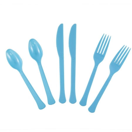 JAM Paper Premium Extra Heavy Weight Cutlery   Assorted Utensils Set  Caribbean Blue  24 Disposable Utensils/Box