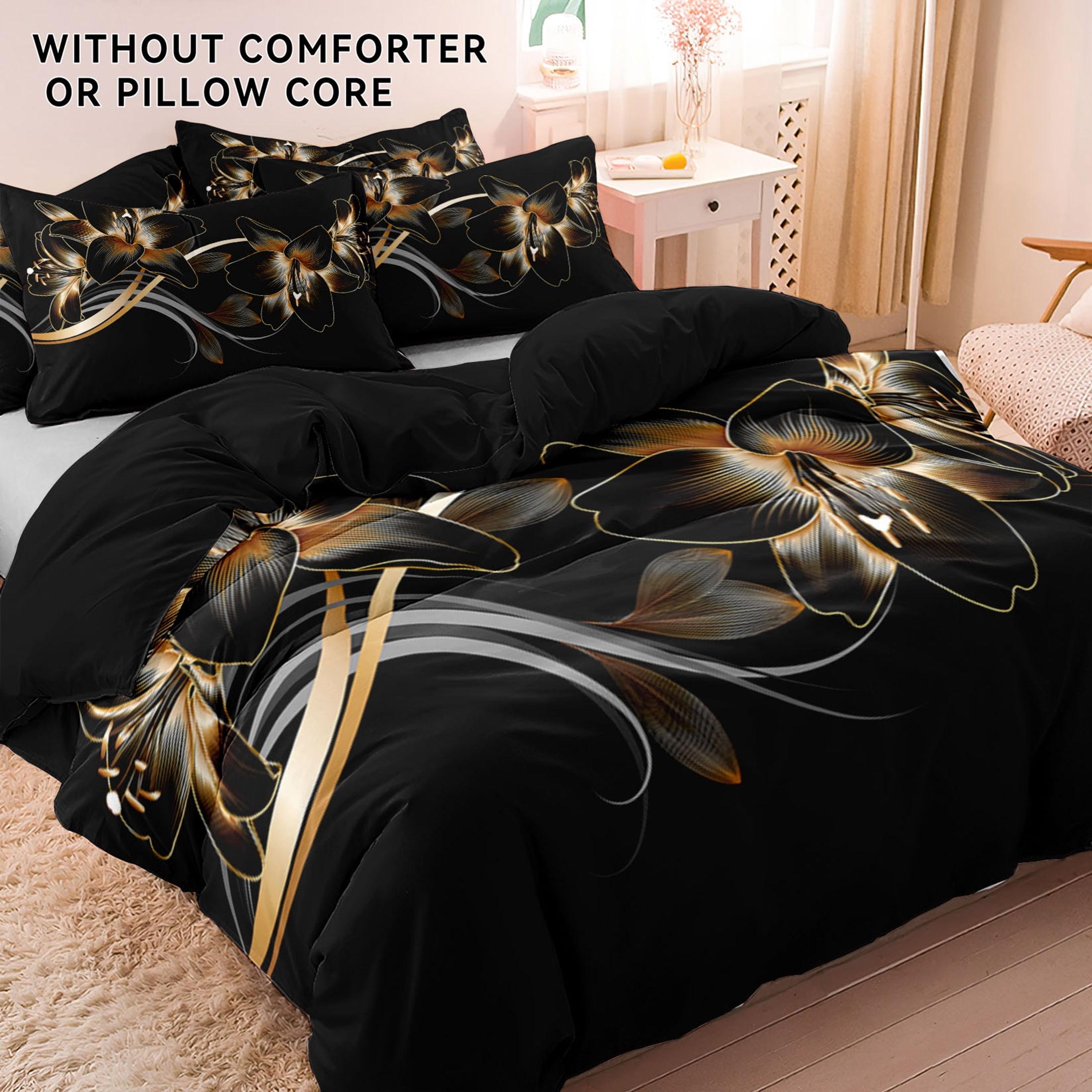 Orylavena Gold Floral Microfiber Duvet Cover Set, Reversible, Twin