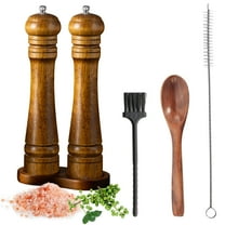 VEGCOO Wooden Pepper Grinder Set with Brush & Spoon - Adjustable Ceramic Mill, Refillable Oak Wood Pepper Mill for Coarse to Fine Grinding, 8.5 Inch Tall Salt and Pepper Shakers Kitchen