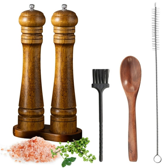 VEGCOO Wooden Pepper Grinder Set with Brush & Spoon - Adjustable Ceramic Mill, Refillable Oak Wood Pepper Mill for Coarse to Fine Grinding, 8.5 Inch Tall Salt and Pepper Shakers Kitchen