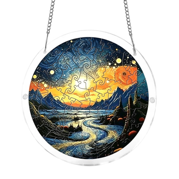 Lypsnake Acrylic Puzzles Suncatchers Window Hanging,Starry Night Sunset Mountain River Stained Glass Style Ornament,Decorative Pendant for Home Garden Patio Window Wall Living Room Decor