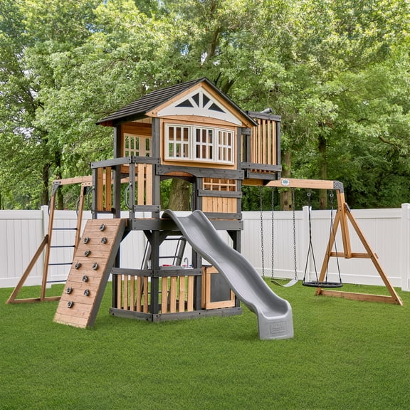 Backyard Discovery Rosewood Falls Cedar Wood Swing Set, Monkey Bars, Clubhouse, Crows Nest