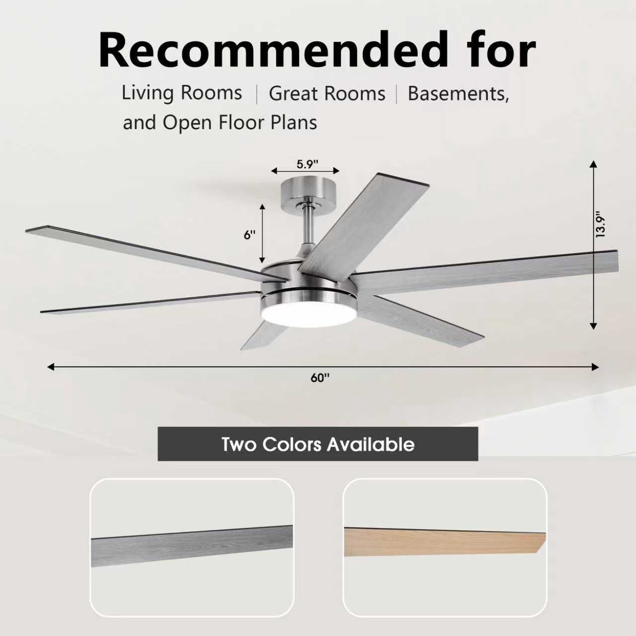 Vaczon 60" Industrial Satin Nickel Smart Ceiling Fan with Dimmable LED Light and Remote