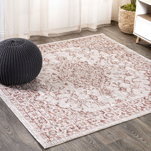 JONATHAN Y SANTA MONICA 5' Square Area Rug, Rozetta Boho Medallion Textured Weave - Red/Taupe, SMB102A-5SQ
