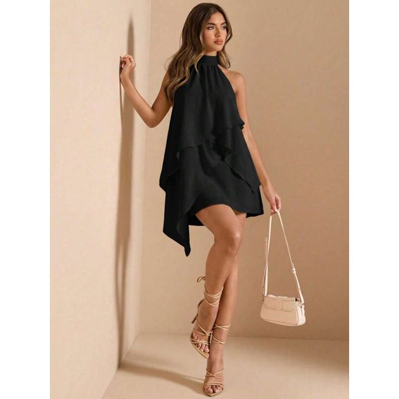Black Womens Satin Halter Backless A-Line Mini Dress For Evening Wedding Guest Party
