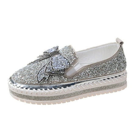 QYZEU Dressy Flats Shoes for Women Flip Flop Sandals Women Ladies Fashion Solid Color Rhinestone Bow Decoration Thick Sole Casual Single Leather Shoes for Womens Silver 39