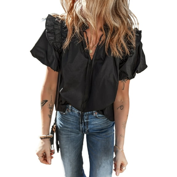 Women's Black Ruffled Puff Short Sleeve Loose Blouse - Casual Summer Top | [ZhiHiMeRi] | (US 12-14)L