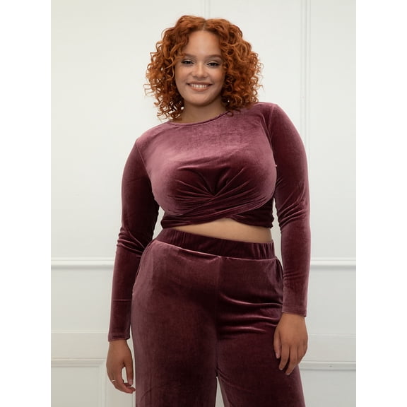 ELOQUII Elements Women's Plus Size Velvet Wide Leg Pants and Wrap Front Crop Top Set, 2-Piece