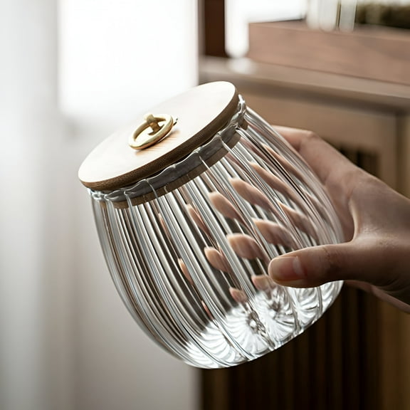 ACDANC Small Glass Coffee Nuts Canister Airtight Storage Jar Petal Decorative Container with Bamboo Lid Metal Handle Easy to Grasp,750ml