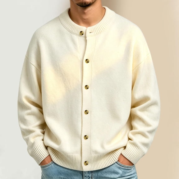 Mens Cardigan Sweaters Crew Neck Button Front Soft Knit Pullover Drop Shoulder Long Sleeve Loose Fit Casual Outerwear Tops
