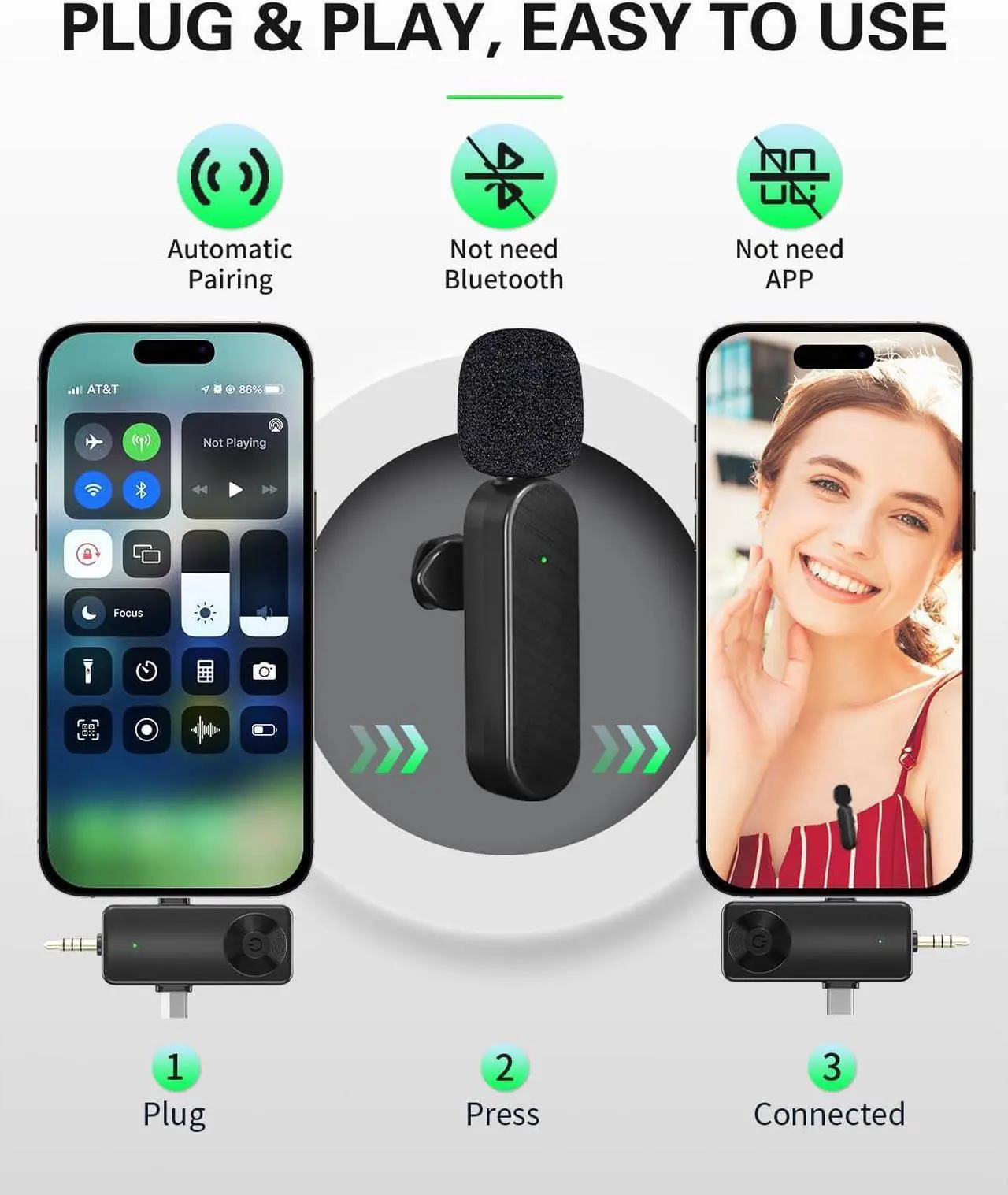Wireless Lavailer Microphone for iPhone, Android, Camera, Professional Wireless Mini Microphone, 4 in 1 Condenser Lapel Mic for Interview Video Podcast Vlog YouTube ASMR TikTok
