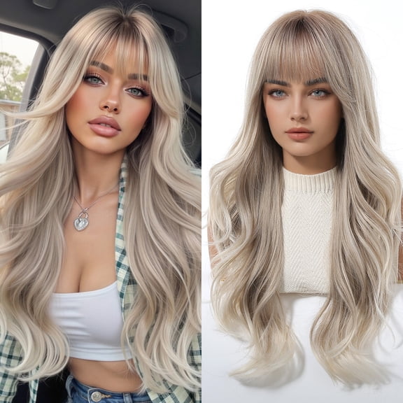 Mictong 26 inch straight bangs long curly hair wig, synthetic straight bangs wig, naturally fluffy long wavy wig, soft high temperature silk straight bangs wig, 1 piece, Light grey