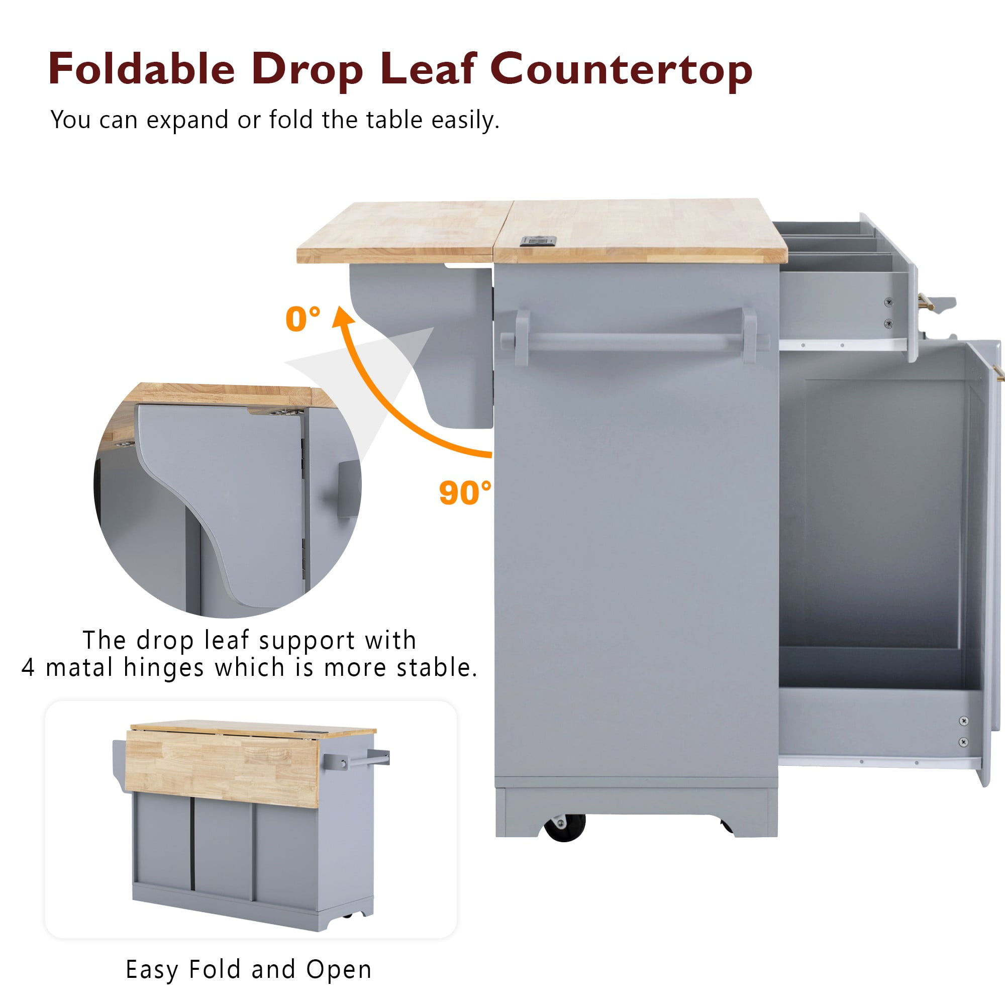 Aukfa 59" Kitchen Island with Power Outlet & Trash Cabinet, Rolling Kitchen Cart, Pull Out Organizers & Drop Leaf,Gray