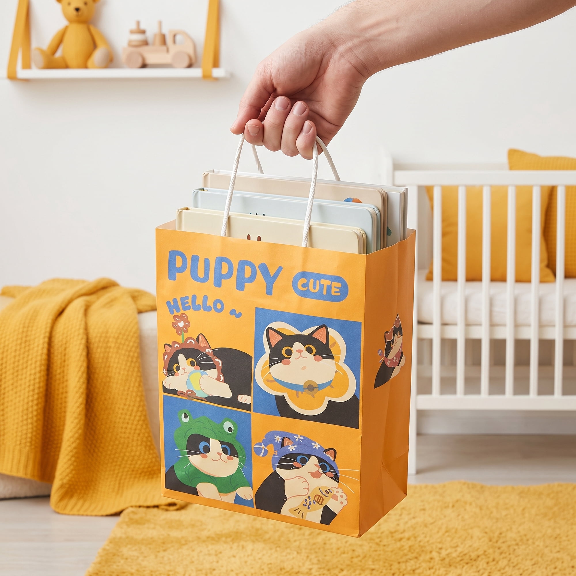 Unique Bargains Cartoon Gift Bags with Handles for Occasions Yellow Cat 8.3"x 4.3" x 10.6"
